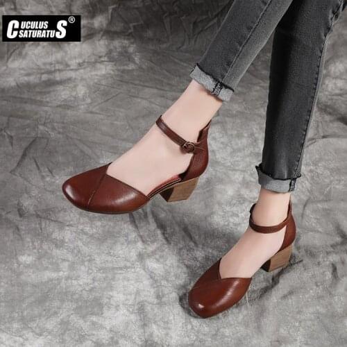 Cuculus 2020 Womens High Heels Sandals 100% Genuine Leather mid Heel Round toe Shallow mouth High Heel Shoes Women shoes