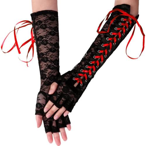 1 Pair Women Gothic Lace Long Gloves Fingerless Punk Mittens Clubwear Ribbon Fishnet Mesh Gloves Cosplay Party Dress-up Costumes