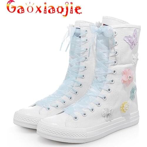 2021 Autumn New Short Tube Boots Women Front Lace-up Side Zipper Canvas Shoes Fashion Flower Casual Shoes In Tube Womens Shoes