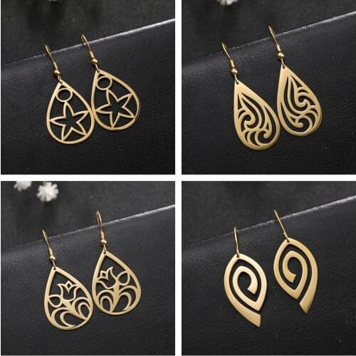 Teamer Water Drop Stainless Steel Earrings Hollow Geometric Heart Star Flower Earrings Women Black Leaf Spiral Hook Earring 2019