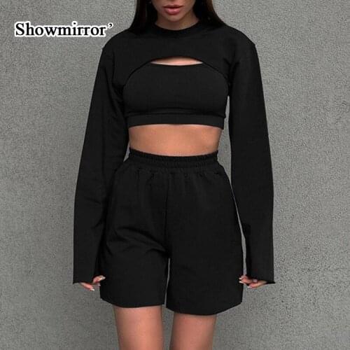 Showmirror Super Short T-shirt+Camisole+Sports Shorts Woman Autumn Three-Piece Suit 2021 Casual Slim Female Sports Wear