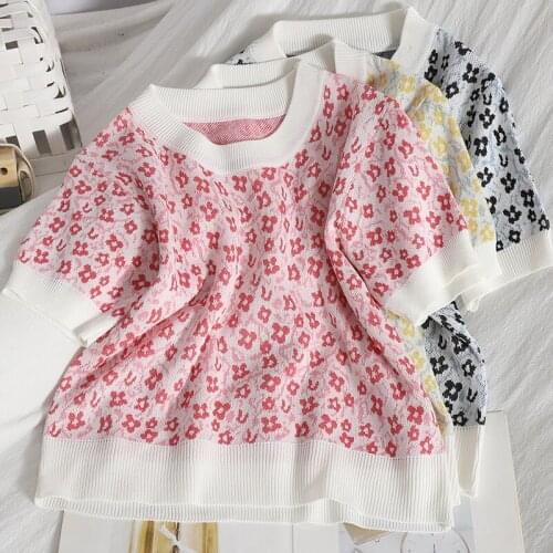 Short Sleeve Round Neck Pullover Floral Knit Top Womens 2021 Summer Korean Slim Sweet Top Casual Street Style
