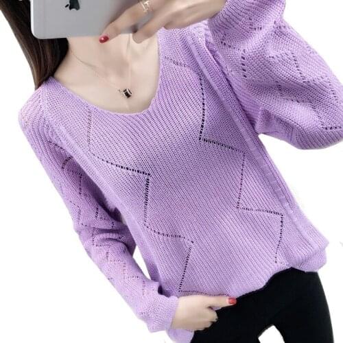 2020 New Autumn Winter Hollow Knitting Casual Long Sleeve All-match V-neck Sweater Loose Female Sweaters Fashion Women Clothing
