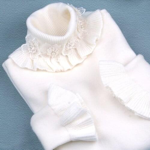 Turtleneck Lace Beading Knitting Women Sweater Sweet Elegant Flare Sleeved Solid Slim Lady Thicken Warm Pulls Buttoming Tops