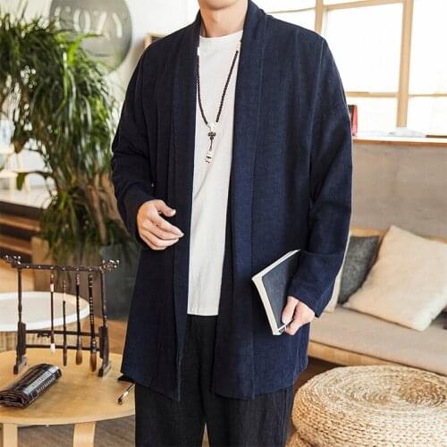 2020 Men Retro Cardigan Cloak Jacket Mens Chinese Cotton Linen Hanfu Male Casual Long Kimono Vintage Windbreaker XXL