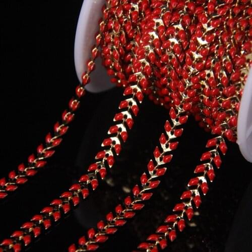 5Meter Red Enamel Fishbone Rosary Chains,Plated Gold Lampwork Glass Chevron Beaded Craft Link Copper Chain Necklace Jewelry Bulk