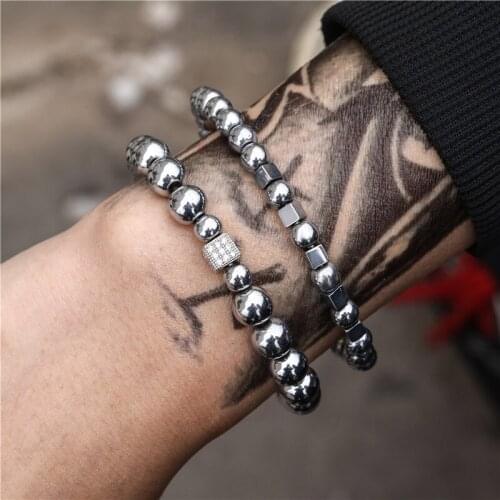 6/8mm Silver Color Hematie Beads Men Bracelet Set 2Pcs/Sets Hematite Obsidian Bracelet For Men Jewelry Homme Erkek Bileklik
