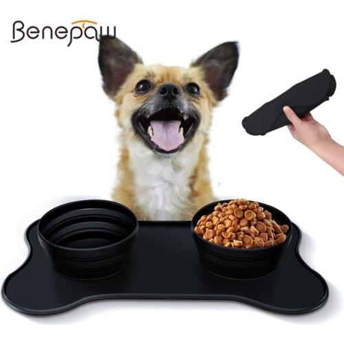 Benepaw Portable Dog Bowl Double Nontoxic Soft Silicone Foldable No Spill Non-Skid Travel Pet Feeder Food Water Puppy Feeding