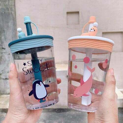 450ml Outdoor Cartoon Cute Running Hiking Bicycle Kettle Plastic Lid Transparent Sports Plastic Straw Cup Water Bottle