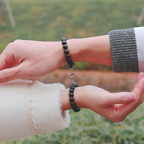 2021 2pcs/pair Couple Bracelet Magnet Smooth Obsidian Stone Beaded Braslet Partner Braclet Matching Lovers Brazalete Gift Joyas