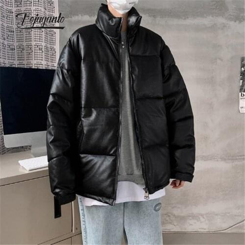 FOJAGANTO Winter Mens PU Parka Korean Thick Solid Color Cotton-Padded Zipper Jackets Windproof Couple Casual Leather Parka Male