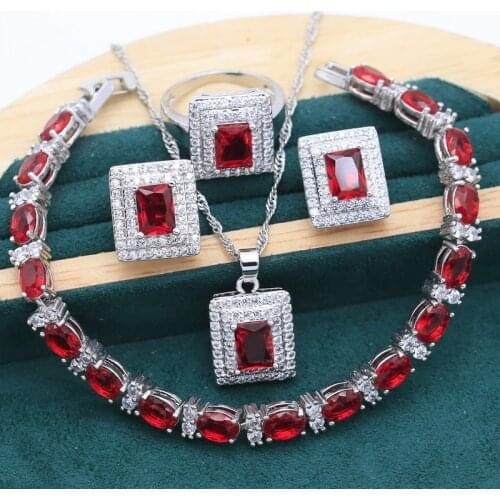 Geometric Red Topaz Silver Jewelry Set for Women Party Bracelet Earrings Ring Wedding Necklace Christmas Free Gift Box