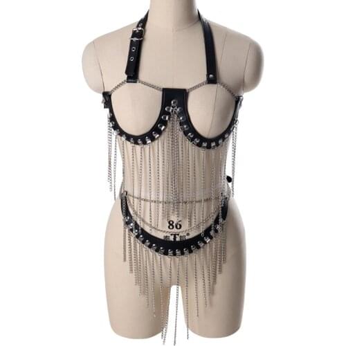 Sexy Women Leather Body Harness Tassel Chain Belt Sets Gothic Bondage Bra Punk Suspenders PU Waistband Erotic Lingerie Club Rave