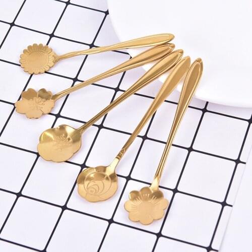 1pc Stainless Steel Spoon Vintage Gold Flower Spoons Small Coffee Tea Spoon Fancy Sugar Dessert Teaspoon Bar Cafe Tableware