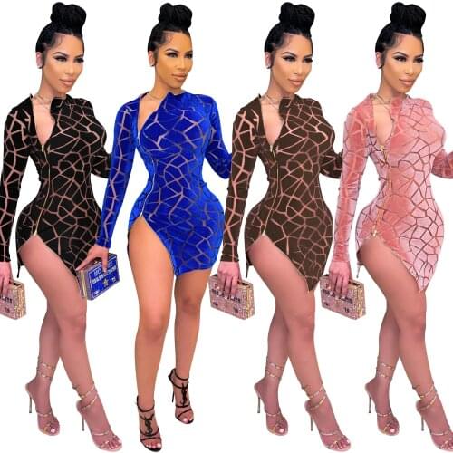 Zoctuo Plaid Print Mini Dress Side Slit Zipper Birthday Party Long Sleeve Dresses Irregular Casual Skinny Club Dress Sexy Spring
