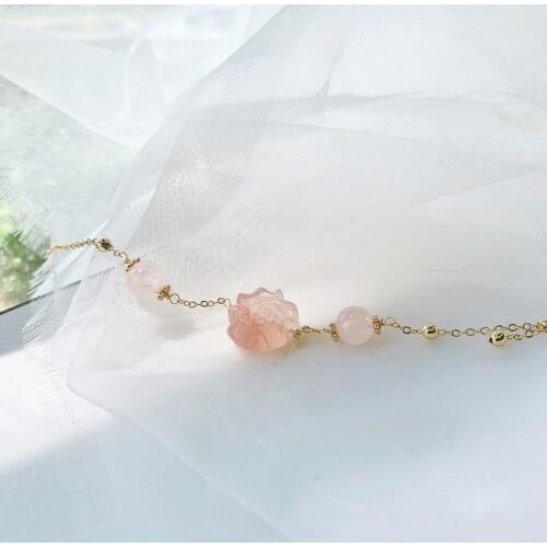 Natural Pink Quartz Bead Bracelet For Women Chinese Style Pink Peony 14K Gold Filled Jewelry Friendship Charm Bracelet Bangle