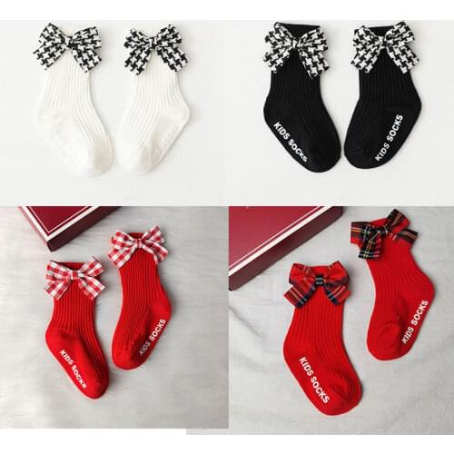 2021 Boys Girls Baby Socks Black White Plaid Cotton Socks for Children Autumn Winter Bowknot Non-slip Floor Socks Christmas Wear