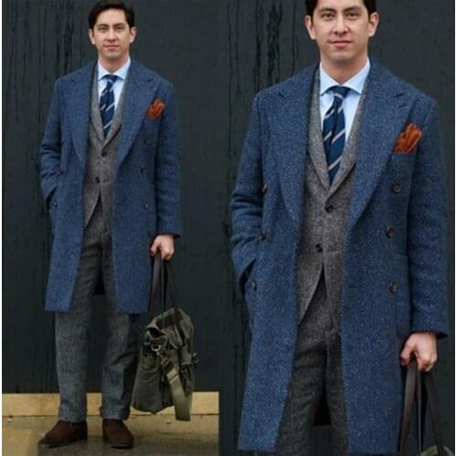 2020 New Autumn Tweed Men Suit Slim Fit Tuxedo Custom Groom Blazer Wedding Suits Herringbone Long Trench Coat Jacket+Pants