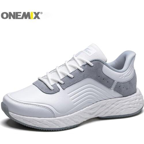 ONEMIX 2021 New White Running Shoes for Men Leather Sport Shock Walking Jogging Light Sneakers Fitness Anti-Slip Trekking Shoes
