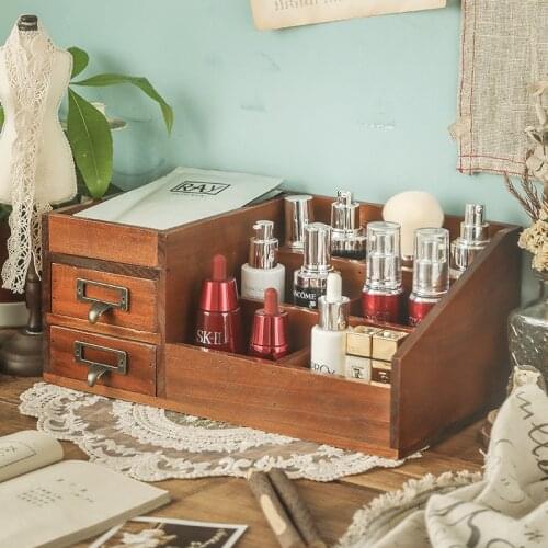 Mmakeup Organizer Cosmetic Storage Box Vintage Wood Small Drawer Style Dressing Table Top Shelf Skincare Compartments Finishing