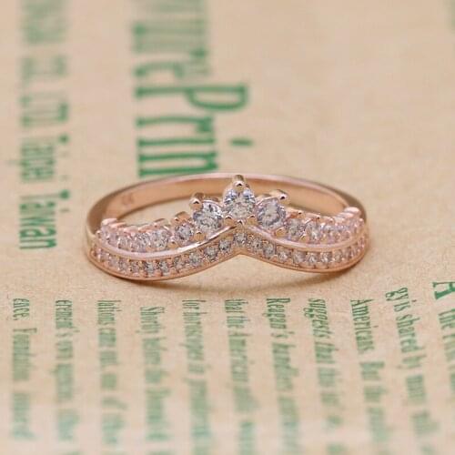 Rose Princess Wishbone pandora Rings 100% Authentic 925 Sterling-Silver-Jewelry with Clear CZ