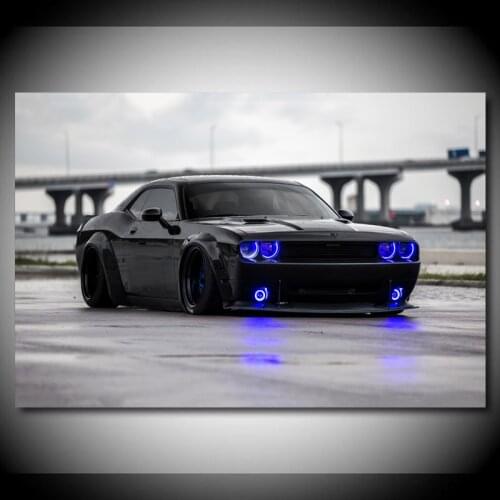 Supercar Black Dodges Challenger Blue headlight Wall Art Posters and Prints Modern Canvas Paintings for Living Room Decor