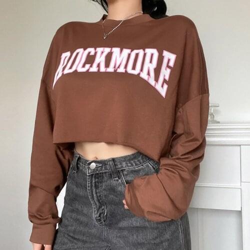 Womens Sweatshirt Hoodies Crop Tops,2021 Autumn New Fashion Casual Adults Letter Print Long Sleeve Round Neck Sweatshirt Brown