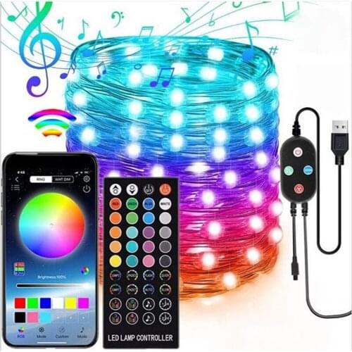 USB LED String Light Bluetooth App Control Copper Wire String Lamp Waterproof Outdoor Fairy Lights for Christmas Tree Decoration