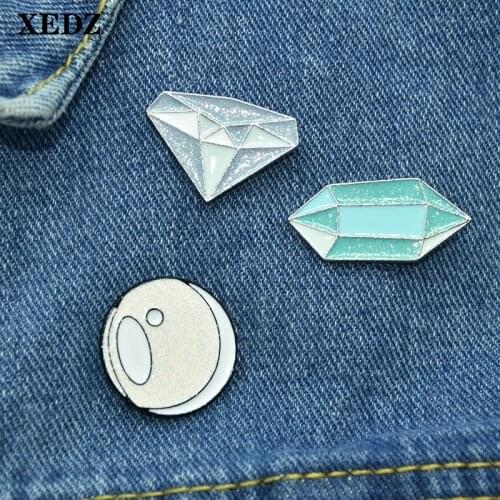 XEDZ crystal gem pearl metal enamel pin sparkling mirror image pink blue stone badge clothes bag lapel brooch jewelry for friend