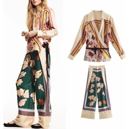 ZA Summer Women Printed Shirt + Pants 2021 Spring Full Sleeve Simulation Silk Printed Top V-Neck Belt Waist Elegant Pants