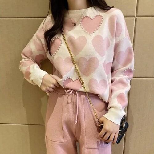 Spring Knitted Love pinted 2 Piece Sets Outfits Women Pearl Beading long sleeve Sweater Tops + Harem Pant Suits Korean tracksuit
