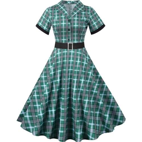 Casual suit collar short sleeve A-line skirt womens printed Green Plaid Summer retro slim fashion belt dress csmisetas mujer
