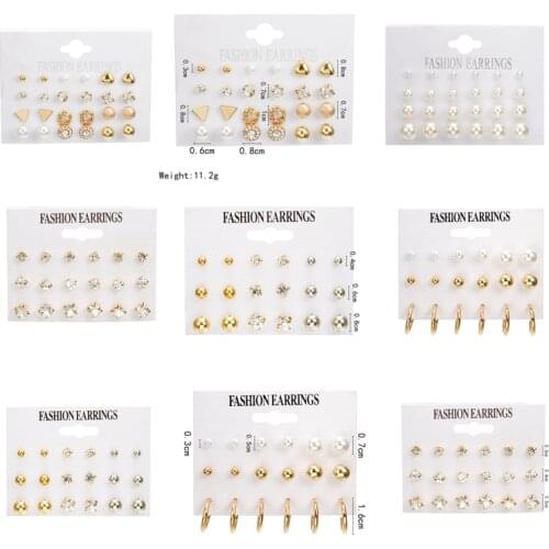 24 pcs/set Heart Flowers Vintage gold Stud Earrings Set 2019 New Rhinestone imitation Pearl Earrings for Women Gift
