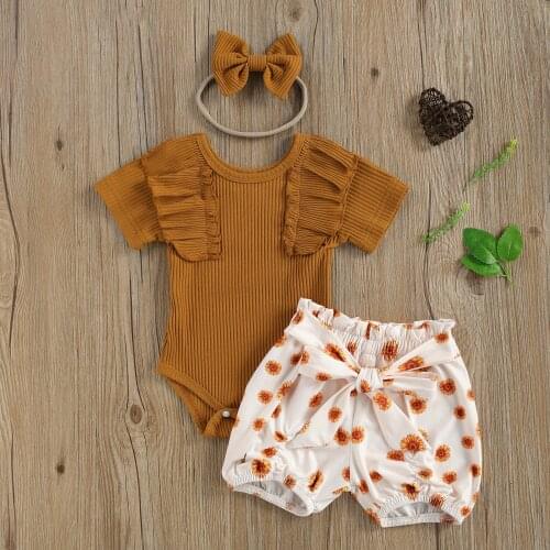 3 Pcs Newborn Baby Girl Clothes Short Sleeve Round Neck Ruffle Romper + Printed Shorts with Bowknot + Headband