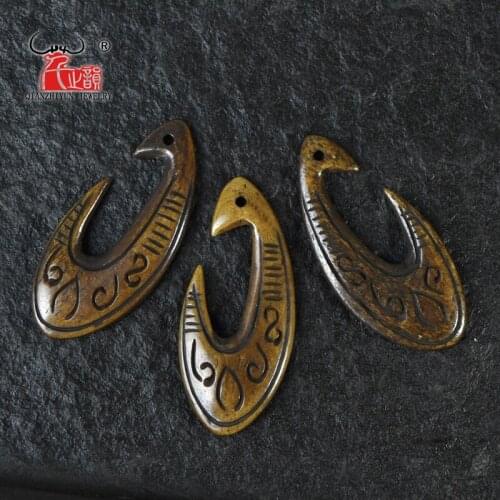 3PCS Handmade Carved Bone New Zealand Maori Fishhook Pendant Surfer Sport Style Brown Beads DIY Jewelry Accessory 48mmX21mm
