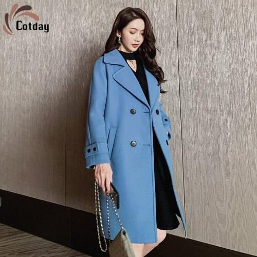 Cotday Blue V Neck Double Breasted New Long Casual Office Style Lady Grace Thin For Women Winter 2020 Woolen Blend Coat
