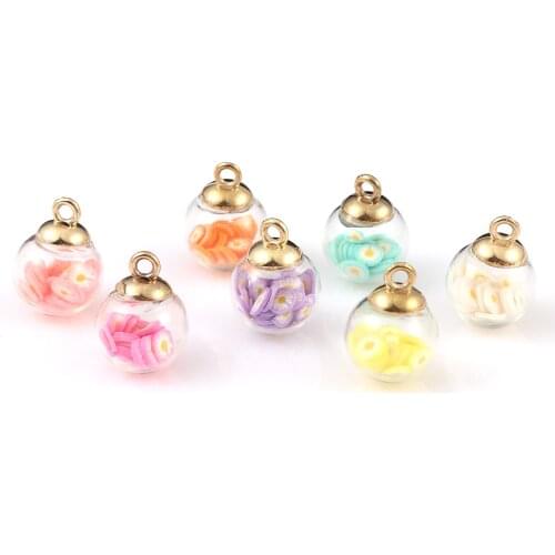 Doreen Box Polymer Clay & Glass Charms Round Daisy Flower Multicolor Transparent Pendants for DIY Necklace 22mm x 16mm, 10 PCs