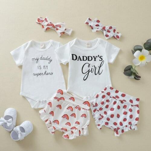 FOCUSNORM 3pcs Baby Girls Summer Clothes Sets Letter Printed Short Sleeve Romper Tops Strawberry/Rainbow Print Shorts+Headband