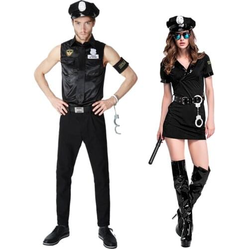 Women Man Cop Costume Halloween Party Black Policewomen Policeman Uniform Police Officer Cosplay Fancy Dress