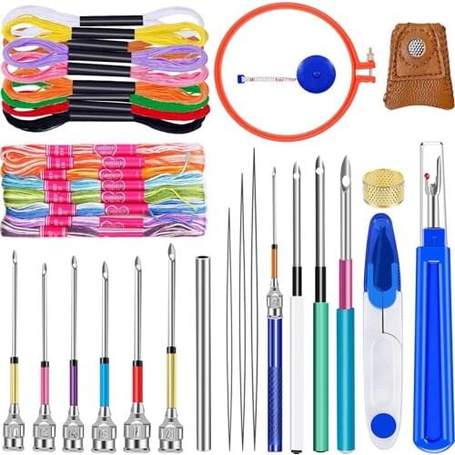LMDZ Embroidery Beginner Kit with 20 Pcs Embroidery Floss, 10 Pcs Embroidery Punch Needle, Needle Threader and Embroidery Hoop