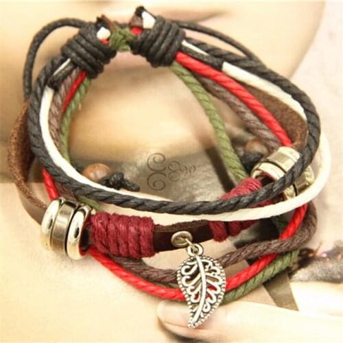 Charm Red Weave Leather Men Bracelets For Women Jewelry Handmade Multilayer Classic Jewelry Accessories For Gift Leaf Bead New