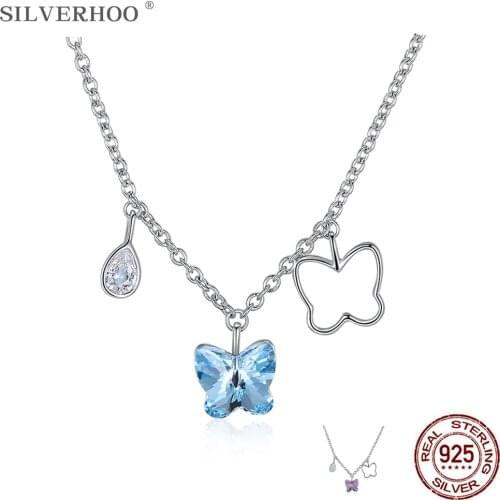 SILVERHOO 925 Sterling Silver Necklaces Austria Crystal butterfly Pendant Chain Choker Necklace Wedding Engagement Women Jewelry