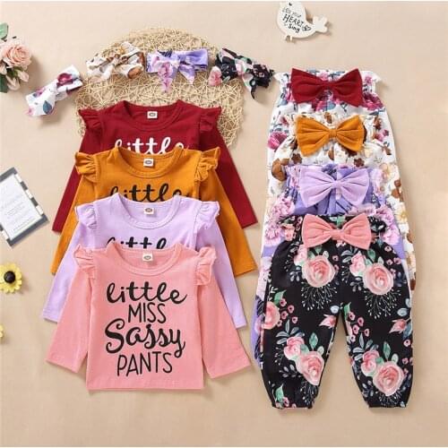 2021 Spring Baby Girl Outfits Bowknot Headband Long Sleeve T-shirt Flower Pant 3pcs Set Newborn Clothes Suit