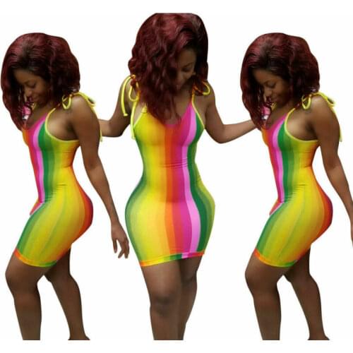 Sexy Womens Fashion Pasta Rainbow Stripe Skinny Sleeveless Bodycon Slim Summer Mini Dress Clubwear