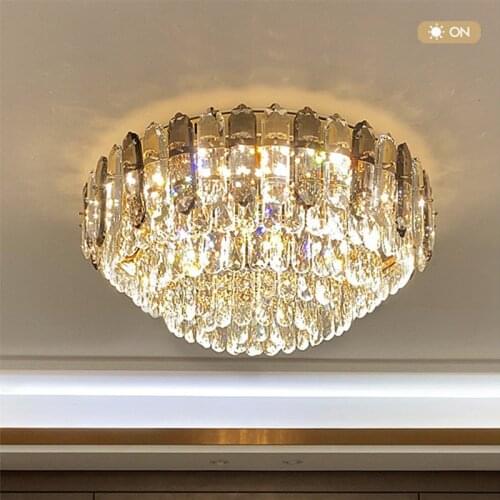Modern Living Room Luxury Deco Led Lighting Lustre K9 Crystal Remote Control Dimmable Ceiling Lights Gold Steel Led Ceiling Lamp