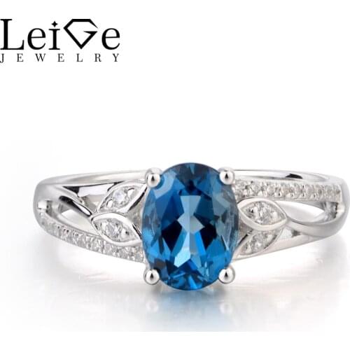 Leige Jewelry Real London Blue Topaz Ring Engagement Ring November Birthstone Oval Cut Blue Gemstone 925 Sterling Silver Gifts