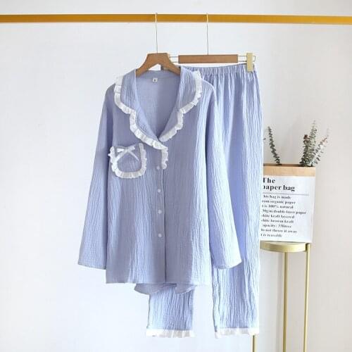 Spring / Summer New Ladies Pajamas Pure Cotton Gauze Long Sleeve Sleepwear Womens Set Thin Soft Simple Korean of Home Clothing
