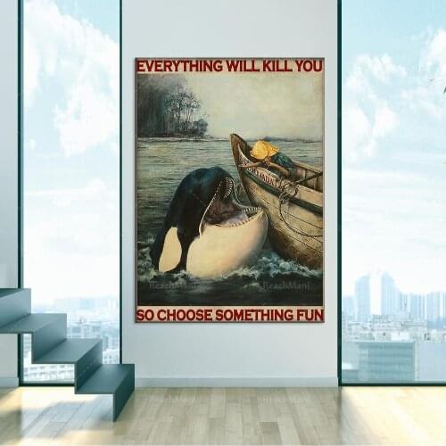 Boy and Orca Killer Whale Funny Poster Fishing Fisherman Life Decoration Poster Art Deco Home Decoration