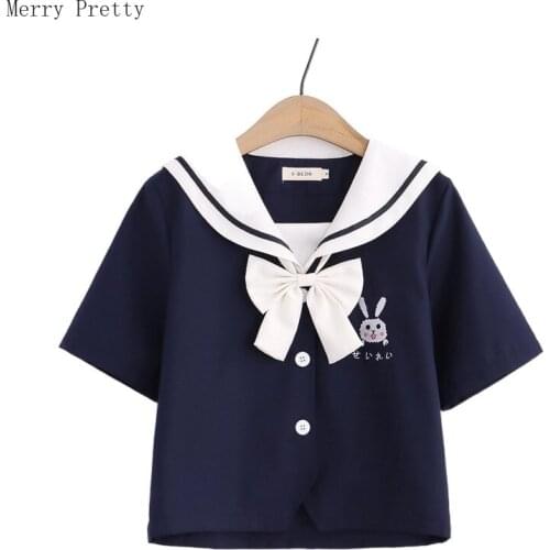 Cartoon Embroidery Bow Casual Shirt Women 2021 Summer Short Sleeve Sailor Collar Cotton Blouse Sweet Style Ladeis Basic Cute Top