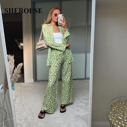 SHEROUSE Women Vintage Two Piece Set Printed Oversized Shirt Wide Leg Trousers Fashion Woman Outfit Casual Pants Sets Suits
